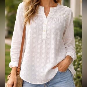 Loft Petite White Swiss Dot Embroidered Peasant Blouse XS Cotton Boho Top